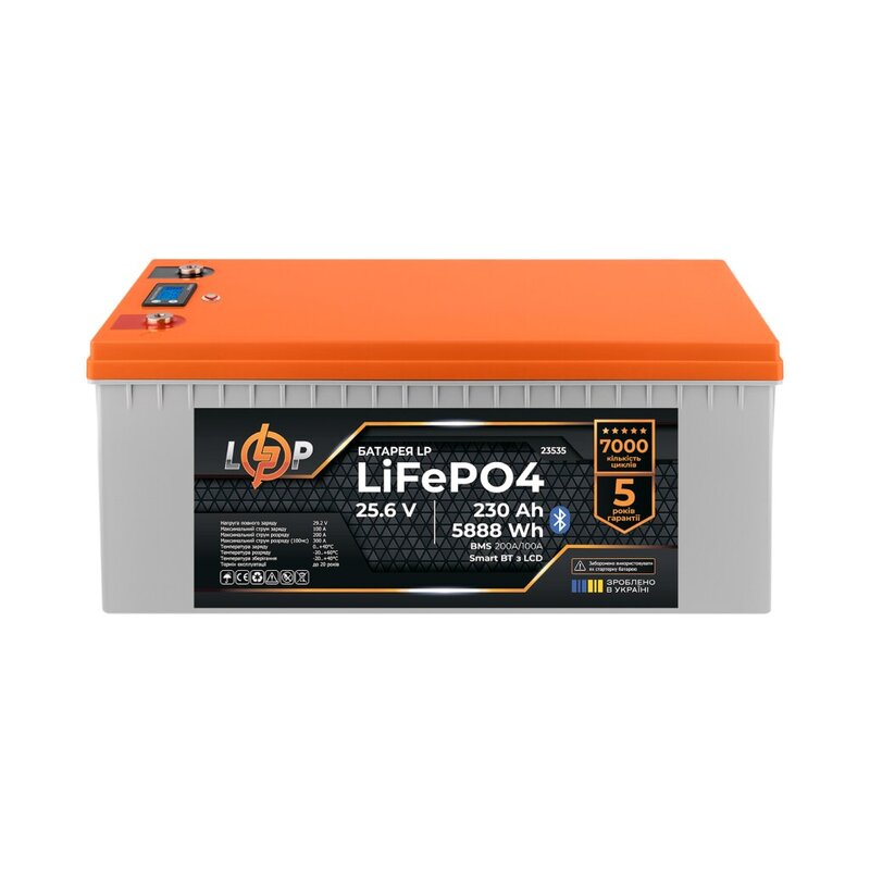 Аккумулятор LP LiFePO4 25,6V - 230 Ah 5888Wh BMS 200A/100А пластик LCD Smart BT (37396)