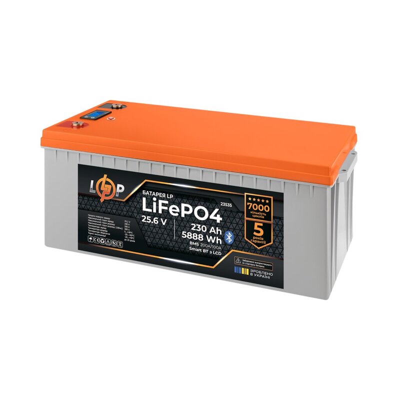Аккумулятор LP LiFePO4 25,6V - 230 Ah 5888Wh BMS 200A/100А пластик LCD Smart BT (37396) - фото 1