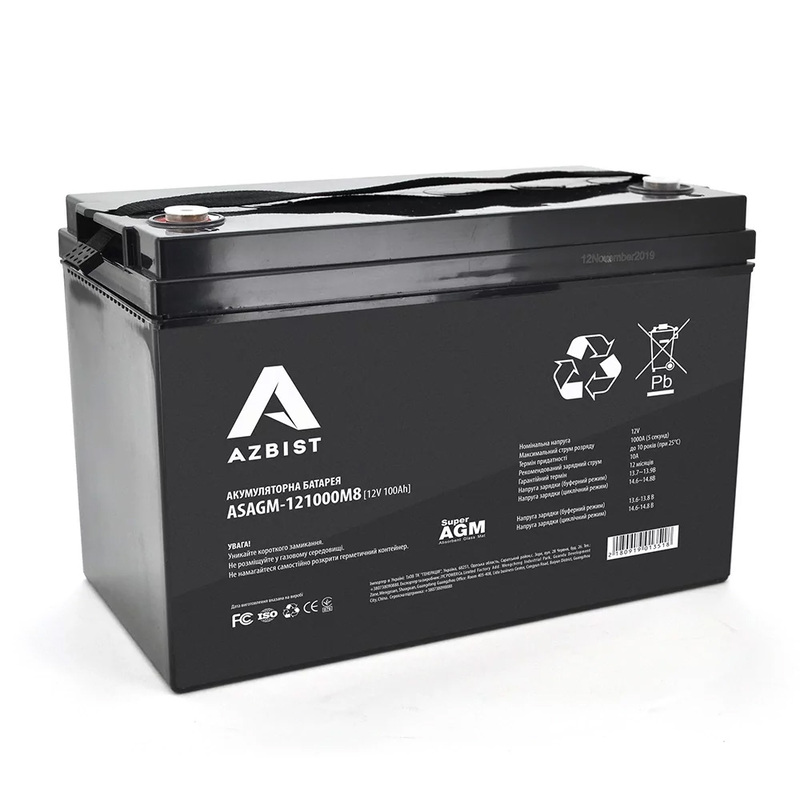 Акумулятор Azbist Super AGM ASAGM-121000M8, Black Case, 12V 100.0Ah ( 329 x 172 x 215 ),28,1kg Q1/36