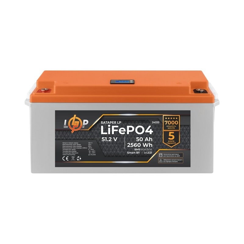 Акумулятор LogicPower LiFePO4 51,2V - 50 Ah 2560Wh BMS 80A/50А пластик Smart BT (24479)