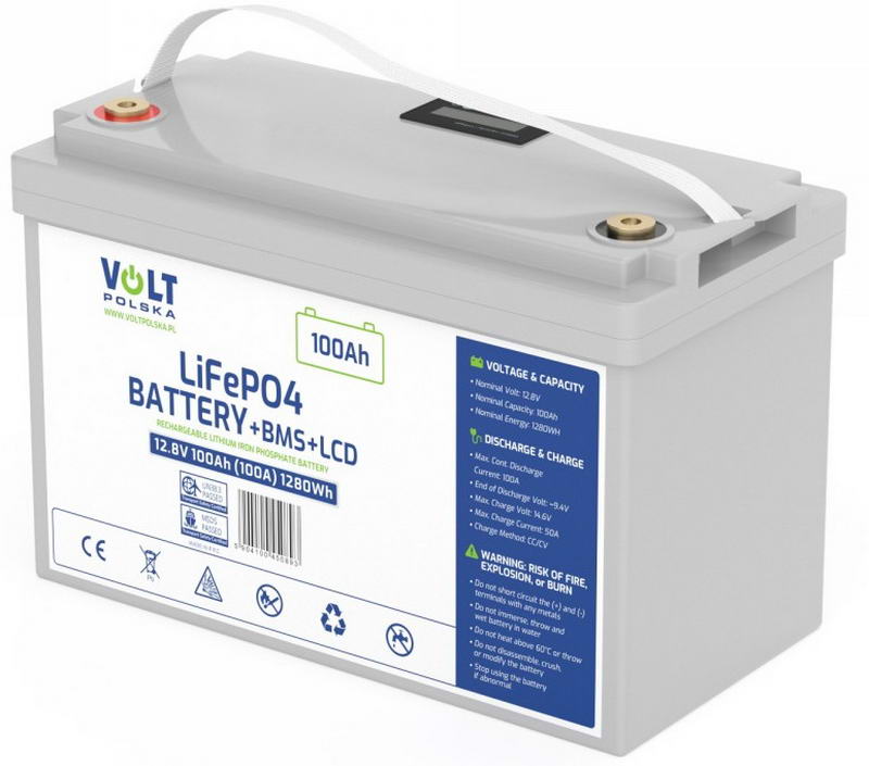 Акумулятор для ДБЖ/інвертора Volt Polska LiFePO4 12,8V 100Ah + BMS+LCD (6AKLI10L12)
