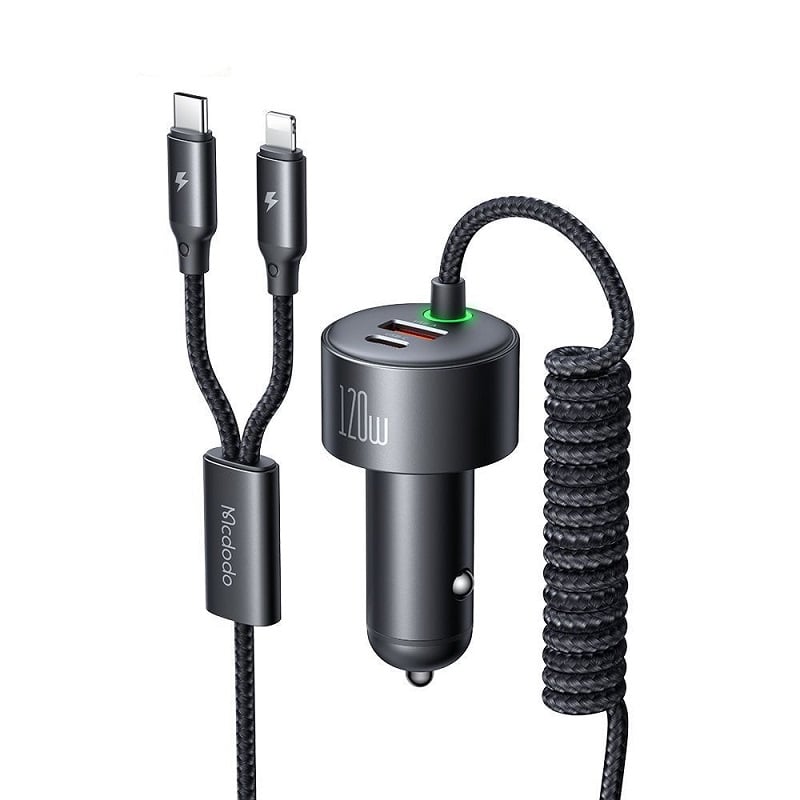 Автомобильное зарядное устройство Mcdodo [CC-0370] PD+PPS+QC Quick Car Charger 3A 120W (with LED Spring cable USB-C+Lightning)