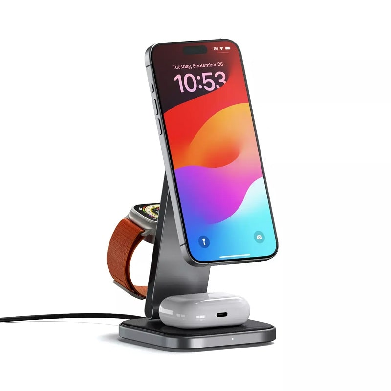 Беспроводное зарядное устройство Satechi 3-in-1 Foldable Qi2 Wireless Charging Stand Space Gray (ST-Q31FM-EA)