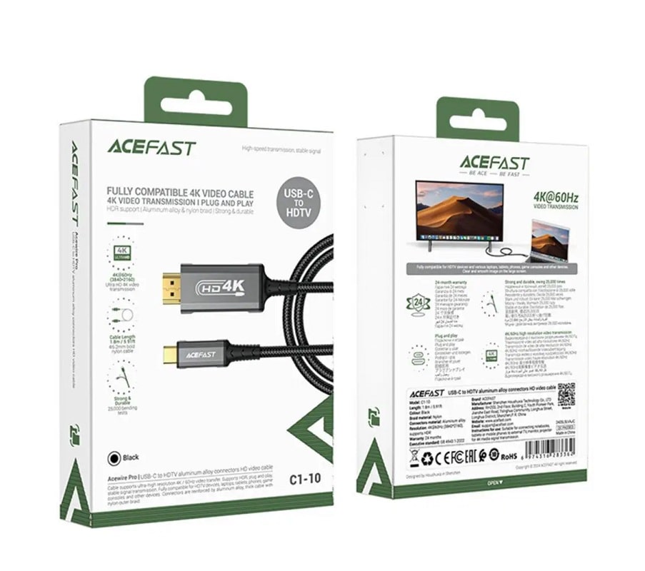 Кабель ACEFAST C1-10 USB-C to HDTV aluminum alloy connectors HD video cable Black - фото 1