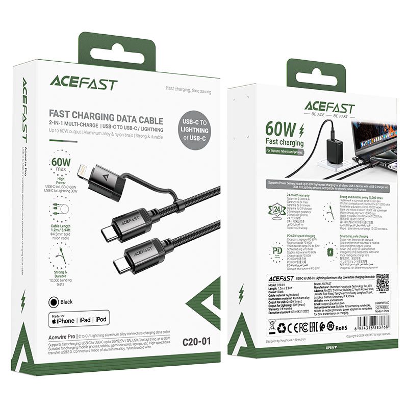 Кабель Acefast C20-01 MFI USB-C to USB-C/Lightning (Black) - фото 2 Кабель Acefast C20-01 MFI USB-C to USB-C/Lightning (Black) - фото 2