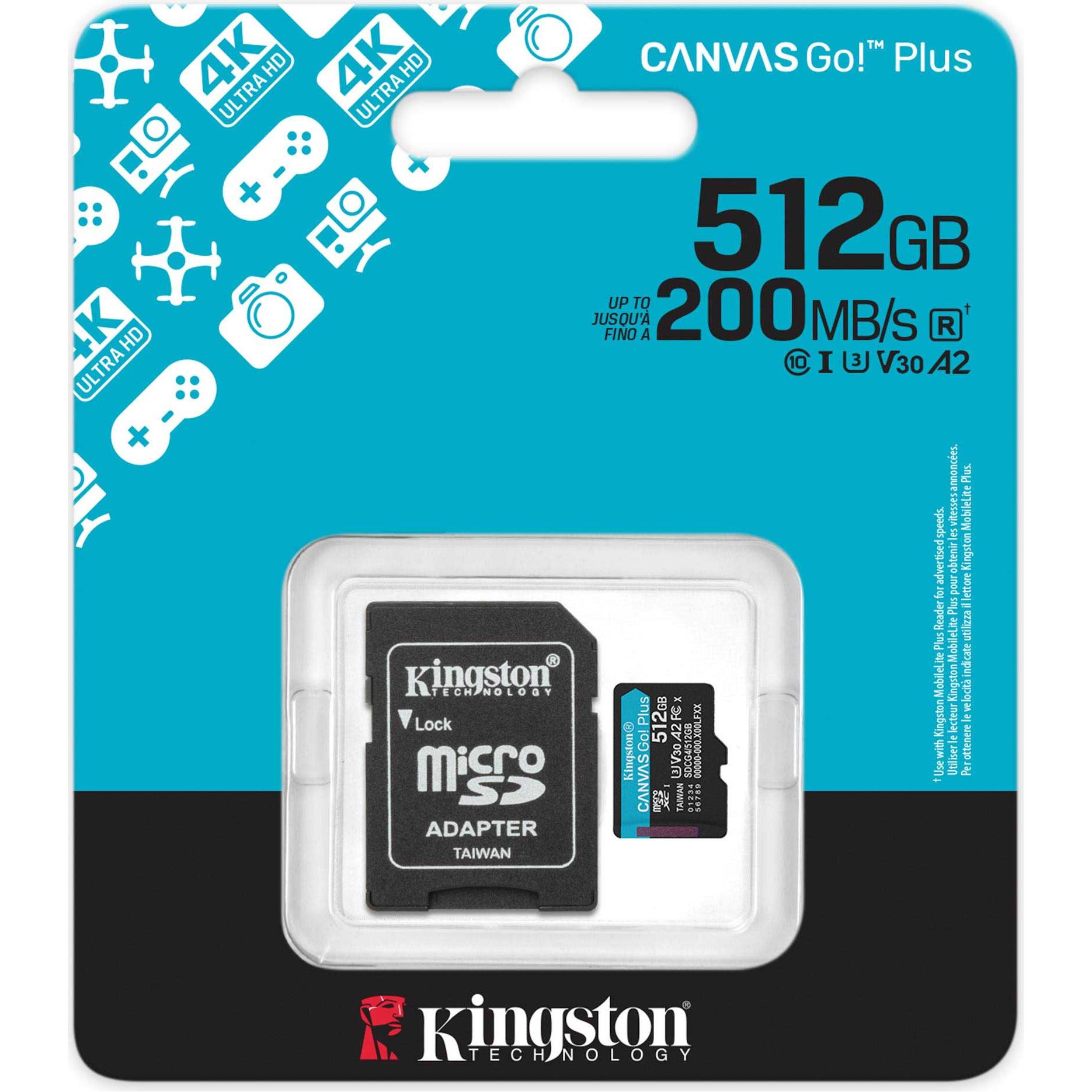 Карта пам`яті MicroSDXC 512GB UHS-I/U3 Class 10 Kingston Canvas Go! Plus R200/W160MB/s + SD-адаптер (SDCG4/512GB) - фото 2