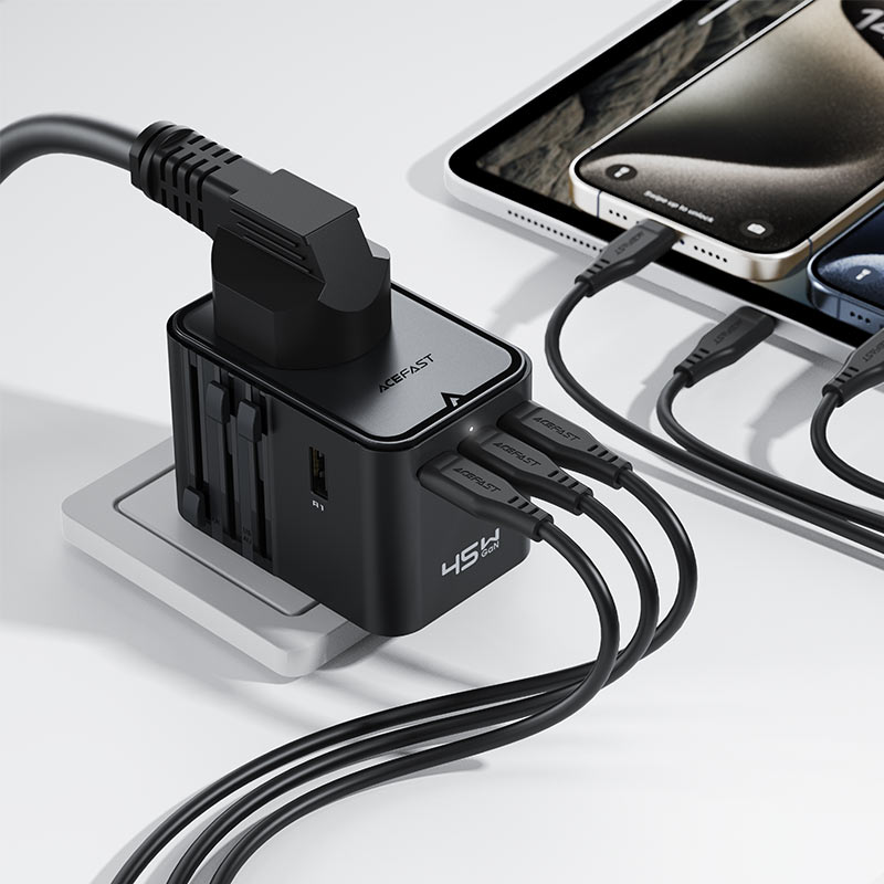 Сетевое зарядное устройство Acefast Z8 Gan 3xUSB (3xUSB-C + 2xUSB-2500W+PD45W) (black) - фото 3