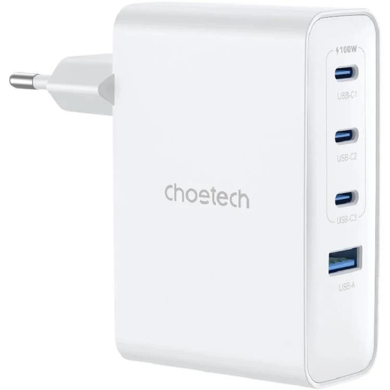 Сетевое зарядное устройство Choetech GaN PD 100W 4 Ports 3*USB-C+A Wall Charger White (PD9002)