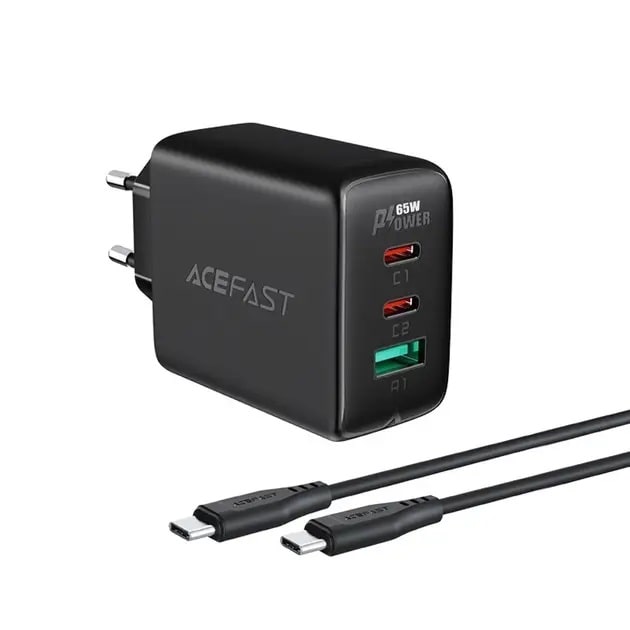 Сетевое зарядное устройство Acefast A13 2xUSB-C + USB-A 65w + кабель USB-C to USB-C (Black) - фото 1