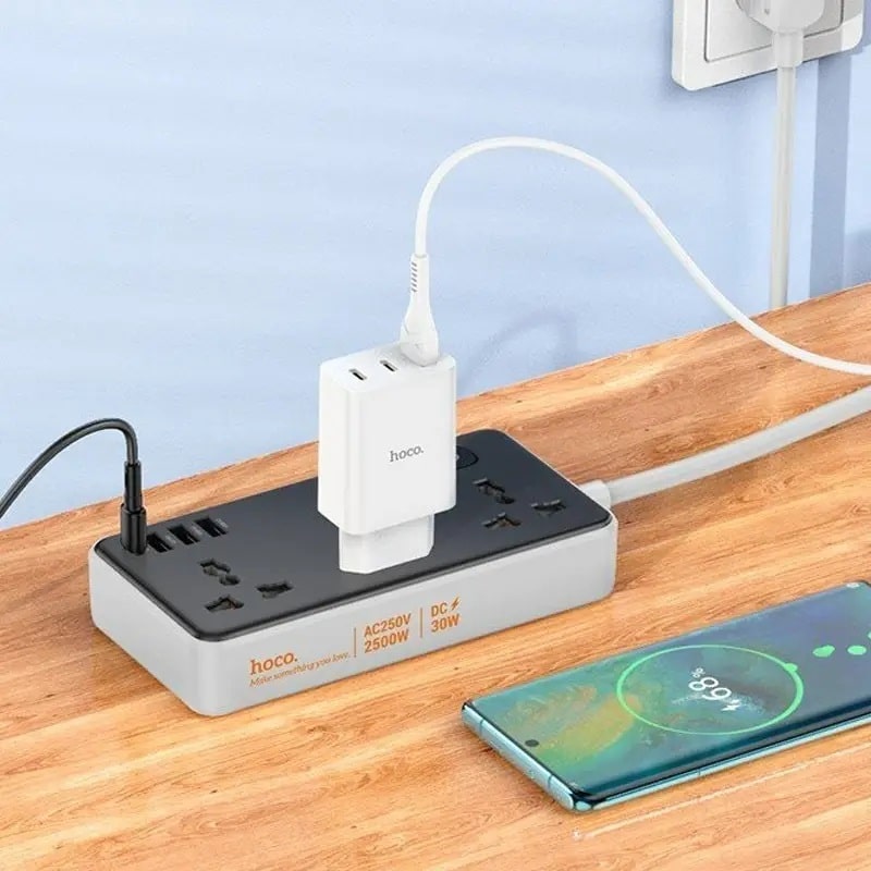 Мережевий фільтр Hoco AC8A 3USB + USB-C 220V 30W PD 1.5m - black - фото 2