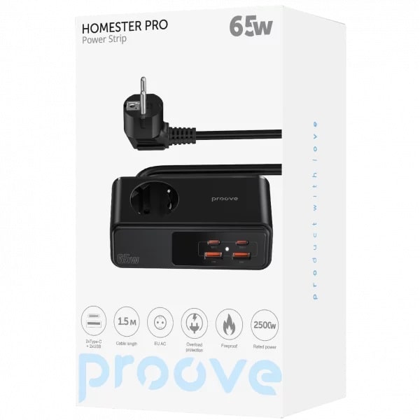 Сетевой фильтр Proove Homester Pro 65W (AC + 2xType-C + 2xUSB) 1.5m (black) (PSHP25002201) - фото 2 Сетевой фильтр Proove Homester Pro 65W (AC + 2xType-C + 2xUSB) 1.5m (black) (PSHP25002201) - фото 2