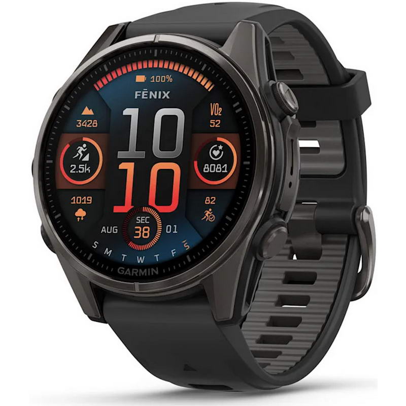 Смарт-годинник Garmin Fenix 8 43mm AMOLED Sapphire Carbon Gray DLC Tit. w. Black/Pebble Gray S. Band (010-02903-20/21)