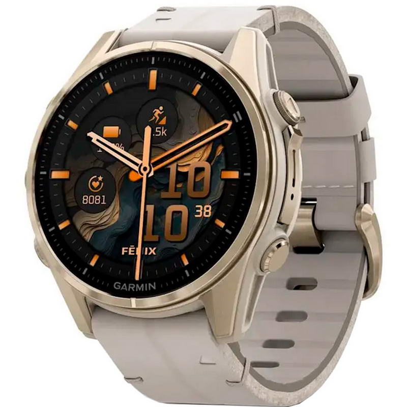 Смарт-часы Garmin fenix 8 AMOLED 43 mm Sapphire, Mist Grey/Soft Gold with QuickFit Leather Strap 20 mm Limestone (010-02903-40)